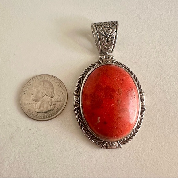 1970s Vintage Pendant - Sterling Silver - Large Red Oval Stone  - Mexico